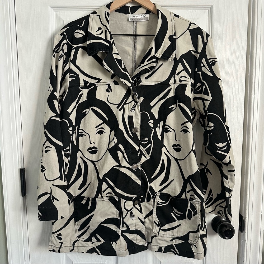 90s Vintage Pop Art Abstract Faces Women's Trucker Jacket Black and White